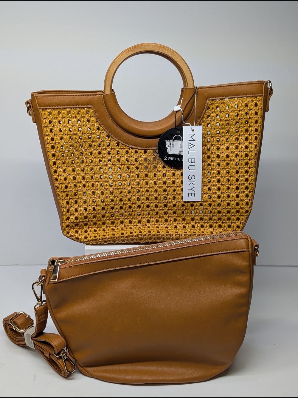Malibu Style Two-piece Woven Vegan Leather Wood Handle Crossbody Bag Purse